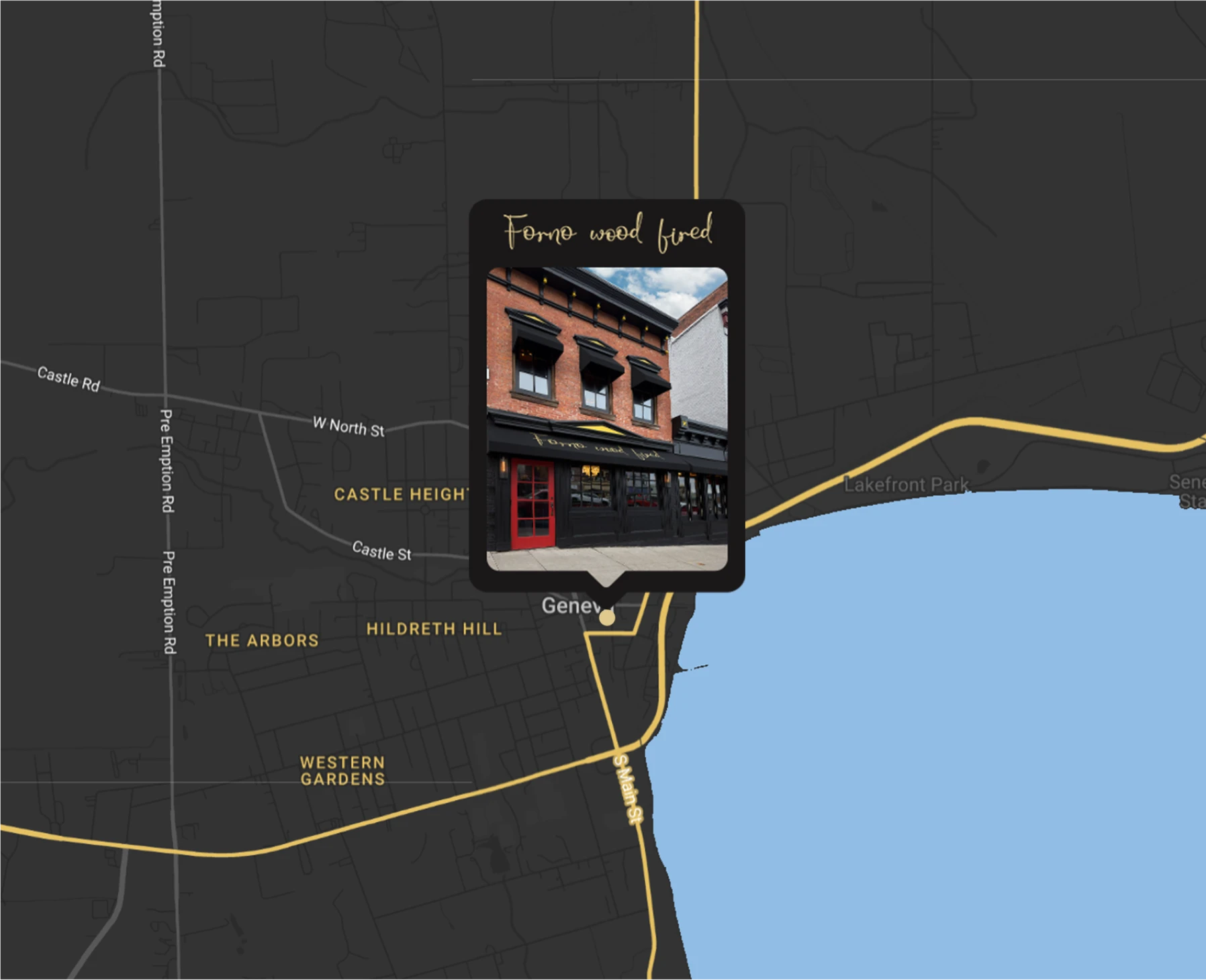 Map showing Forno Wood Fired location on Seneca Lake in Geneva, NY